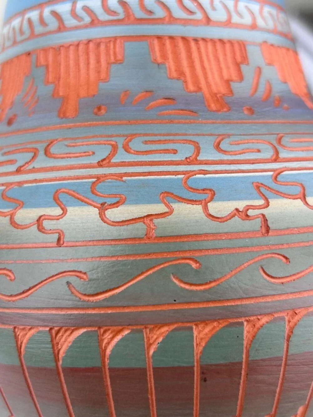 Navajo Pottery Vase Terracotta Red Clay Etched Blue Orange Teal 6
